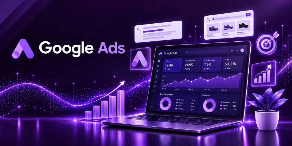 Google Ads digital marketing banner featuring a laptop analytics dashboard, campaign performance charts, targeted advertising icons, and purple neon visuals. Thatware Why Isn't Your Website Getting Leads? Losing potential customers? Discover how ThatWare can improve your SEO and generate leads.