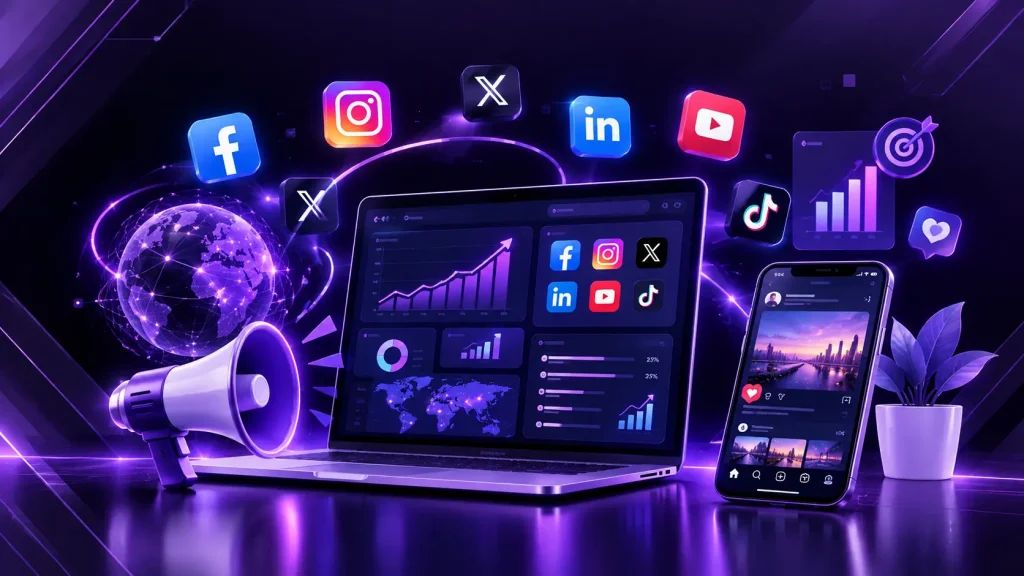 Futuristic social media marketing workspace with glowing social icons, analytics dashboards, and digital growth visuals in vibrant purple neon.
